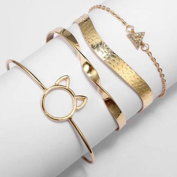 Layered Gold Metal Cat Triangle Bracelet Set of 4 - Picture 3 of 5